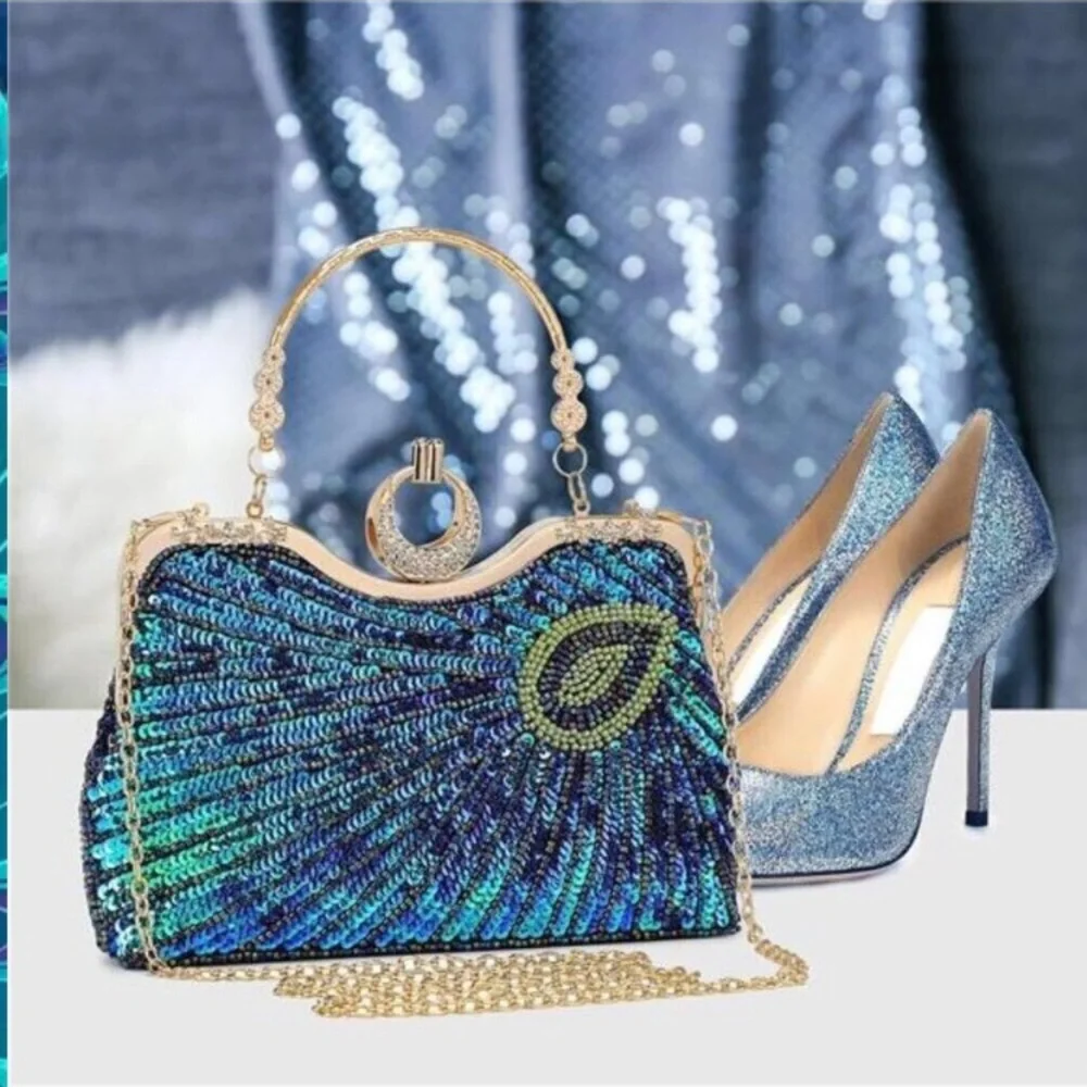 Beaded Bag Sequin Peacock Evening Clutch Purse for Women Formal Evening Blue